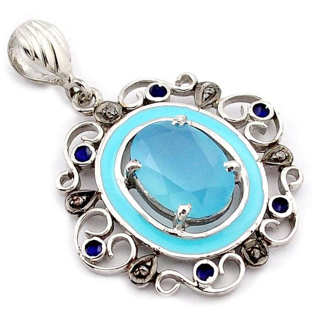 6.79cts natural diamond blue chalcedony enamel 925 silver 14k gold pendant v1085