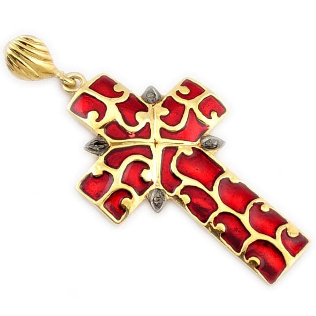 White diamond red enamel 925 sterling silver 14k gold holy cross pendant v1092