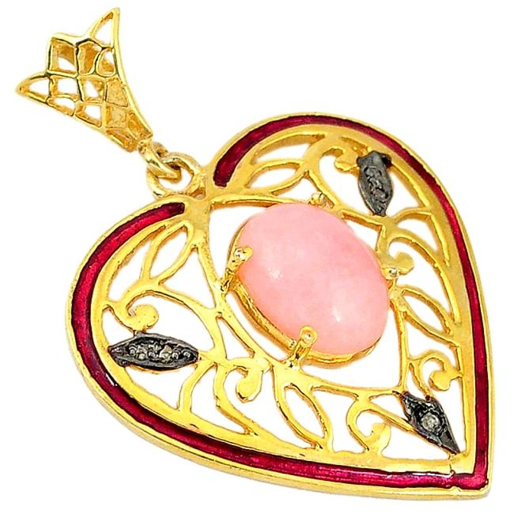 6.32cts natural diamond pink opal enamel 925 silver 14k gold heart pendant v1100