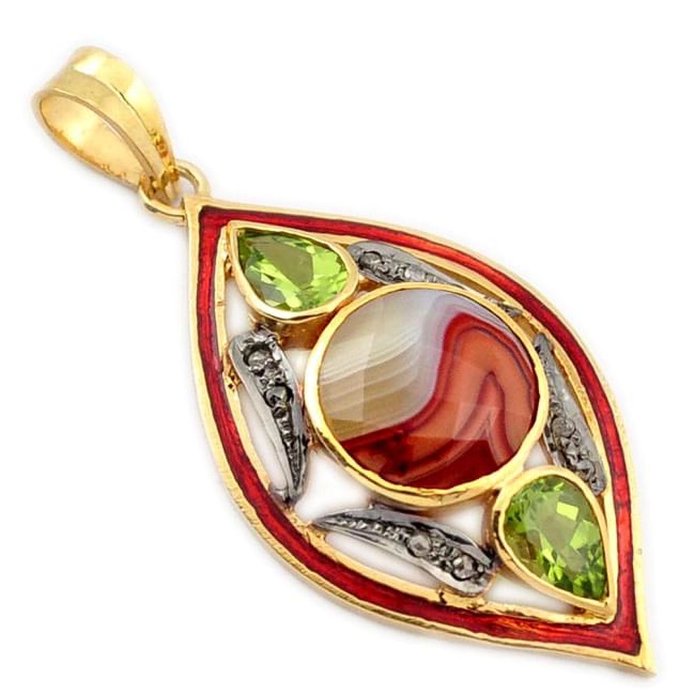 925 silver 16.26cts natural diamond mexican laguna lace agate gold pendant v1110