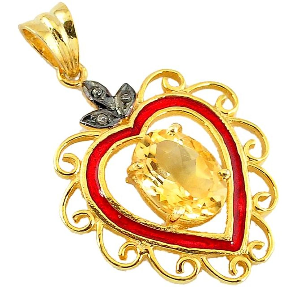 6.53cts victorian natural diamond citrine enamel 925 silver gold pendant v1945