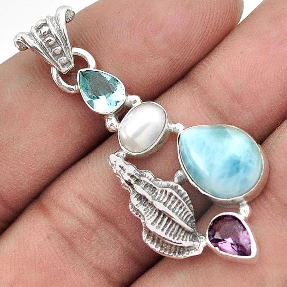 ANTIQUE 925 SILVER SEA SHELL PENDANT NATURAL BLUE LARIMAR AMETHYST PEARL G92356