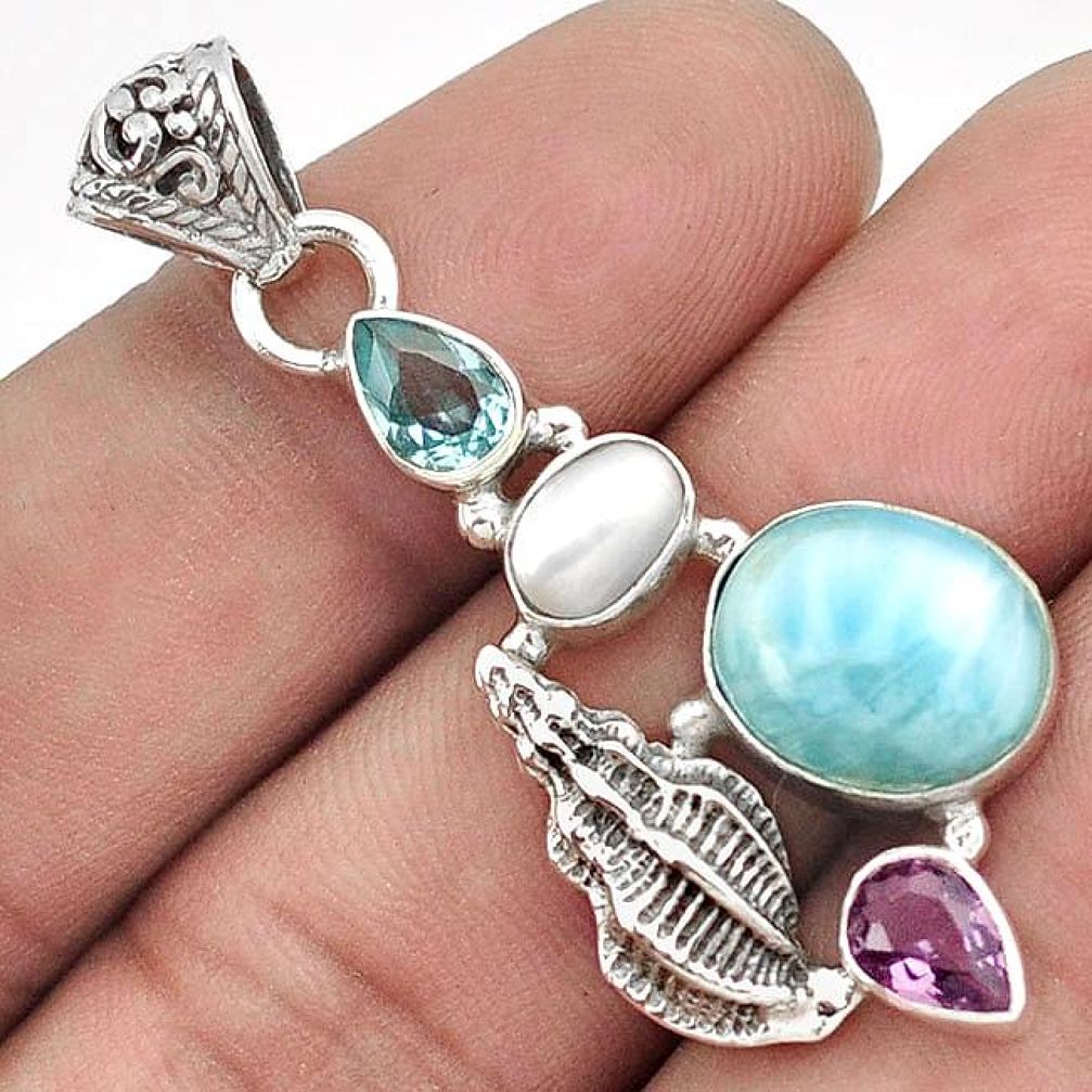 AWESOME NATURAL BLUE LARIMAR AMETHYST PEARL 925 SILVER SEA SHELL PENDANT G92359