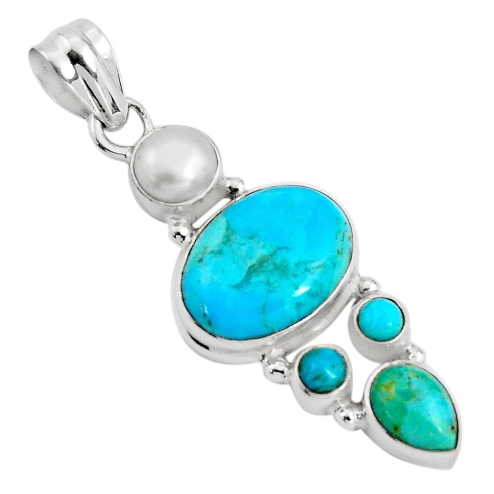 15.71cts blue arizona mohave turquoise pearl 925 sterling silver pendant p89173