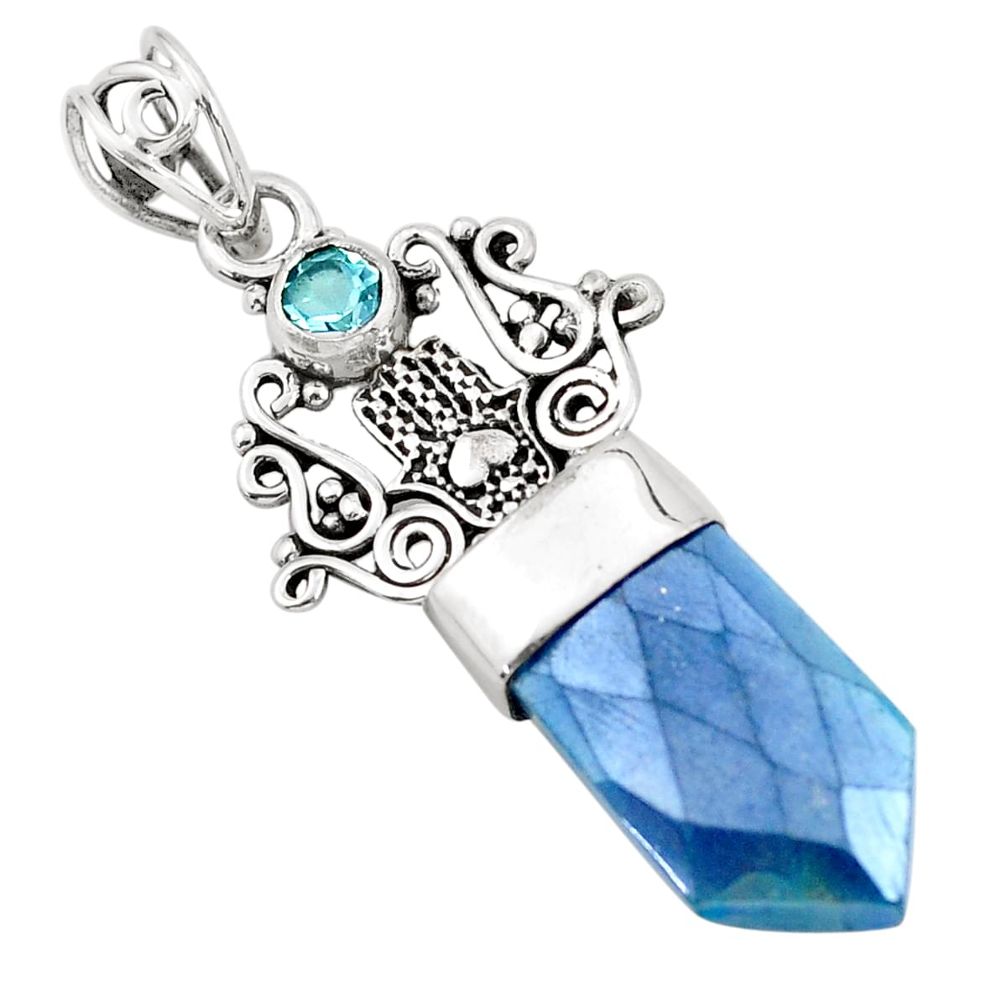 12.36cts blue aura quartz (arkansas) 925 silver hand of god hamsa pendant p58859