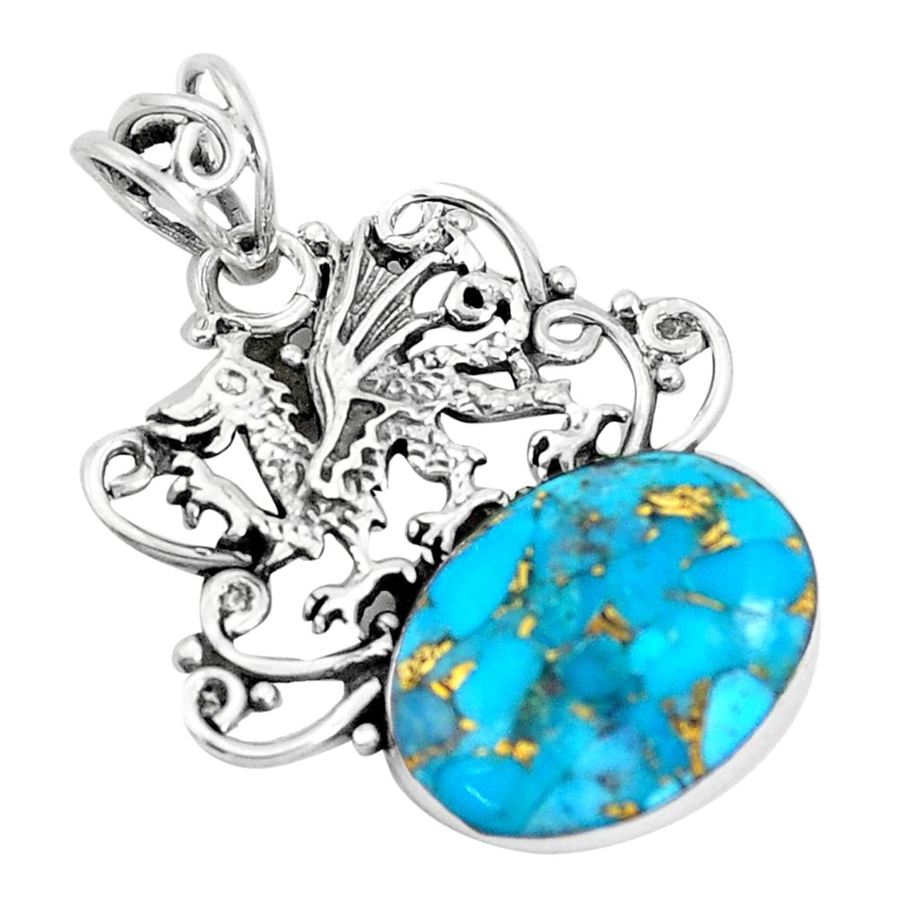 12.07cts blue copper turquoise 925 sterling silver dragon pendant jewelry p59746