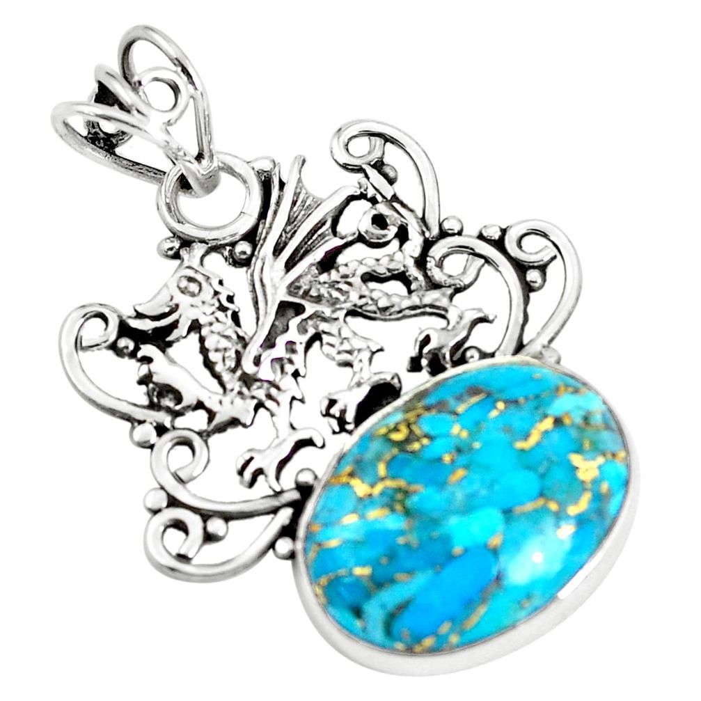 12.96cts blue copper turquoise 925 sterling silver dragon pendant jewelry p59747