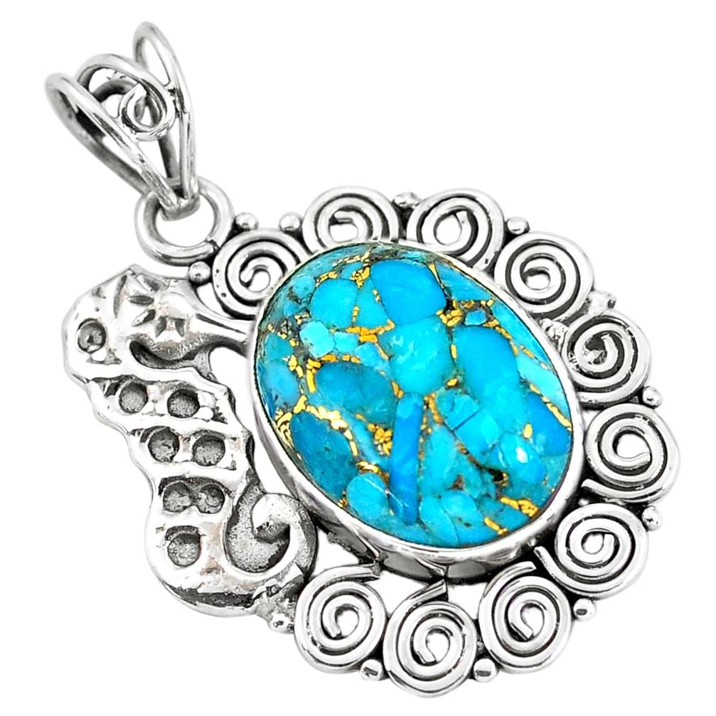 11.95cts blue copper turquoise 925 sterling silver seahorse pendant p59766