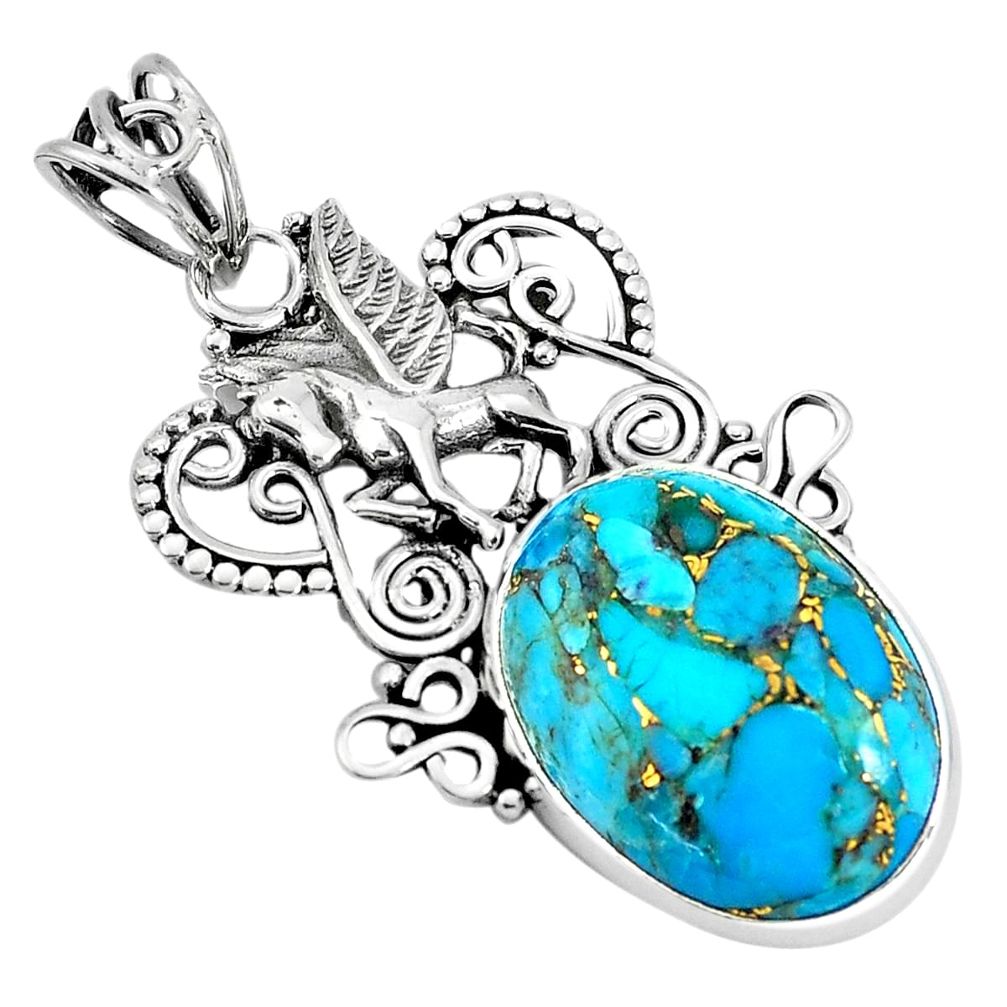 12.07cts blue copper turquoise 925 sterling silver unicorn pendant p59731