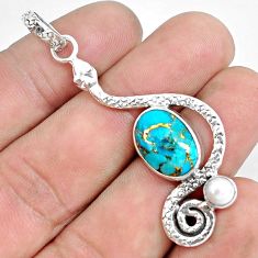 7.12cts blue copper turquoise pearl 925 sterling silver snake pendant p49211