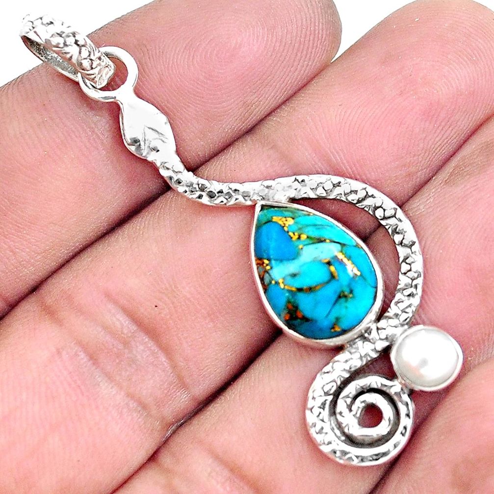 6.84cts blue copper turquoise pearl 925 sterling silver snake pendant p49270