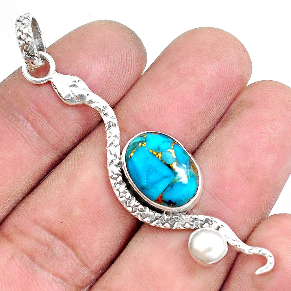 6.54cts blue copper turquoise pearl 925 sterling silver snake pendant p49289