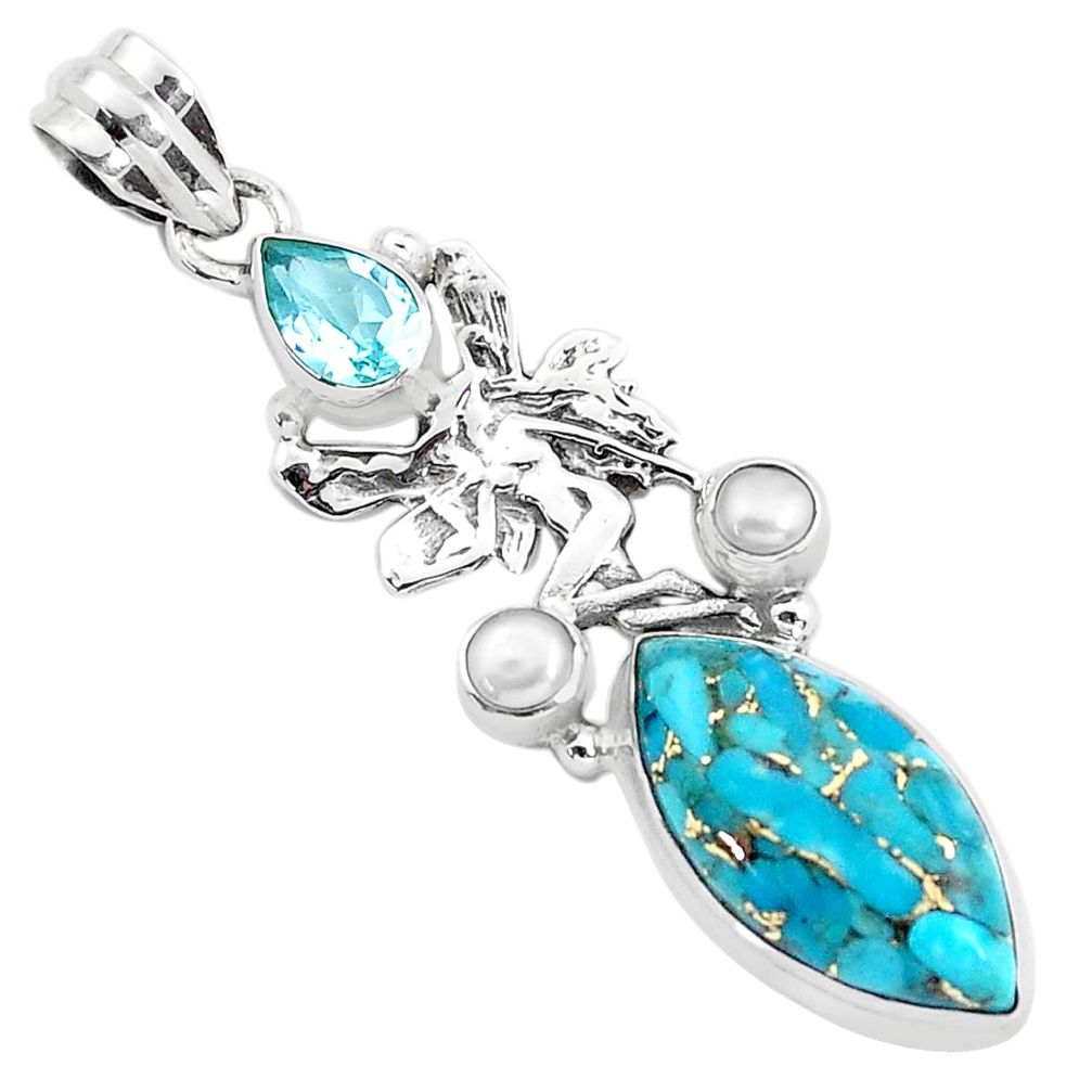 14.72cts blue copper turquoise topaz 925 silver angel wings fairy pendant p37627