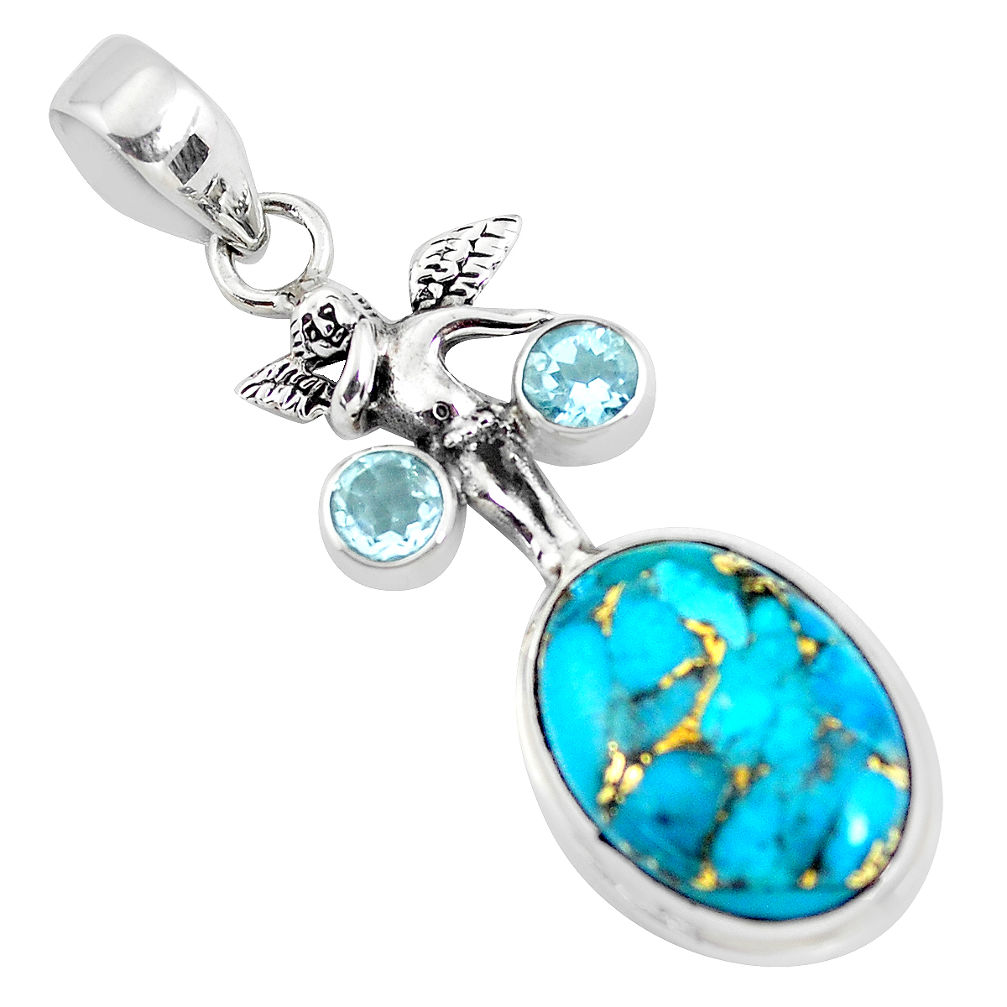 13.71cts blue copper turquoise topaz 925 silver angel wings fairy pendant p56766