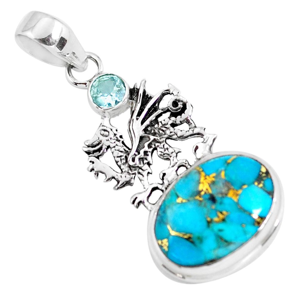 14.12cts blue copper turquoise topaz 925 sterling silver dragon pendant p56762