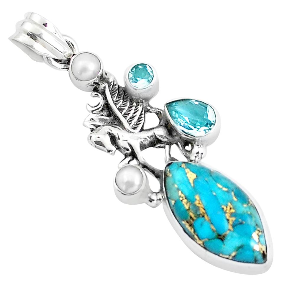 16.46cts blue copper turquoise topaz 925 sterling silver unicorn pendant p37636