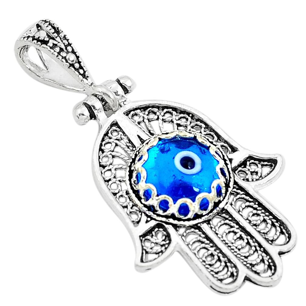 3.31cts blue evil eye talismans 925 silver hand of god hamsa pendant c2894