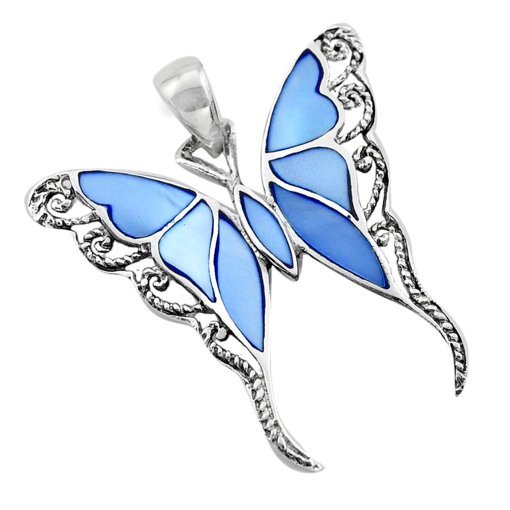 4.25gms blue pearl enamel 925 sterling silver butterfly pendant jewelry c2578