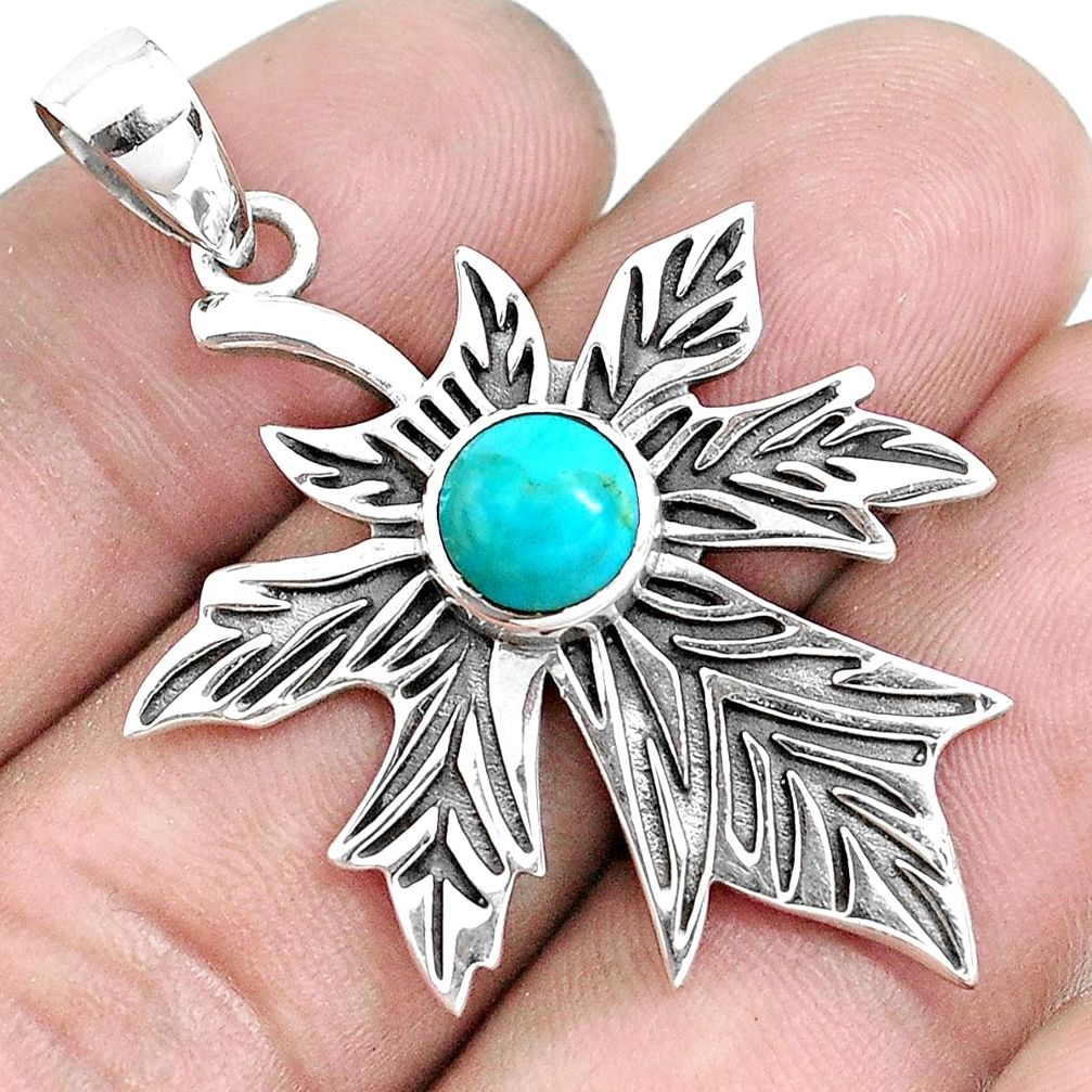 2.46cts blue sleeping beauty turquoise 925 silver leaf charm pendant p43258