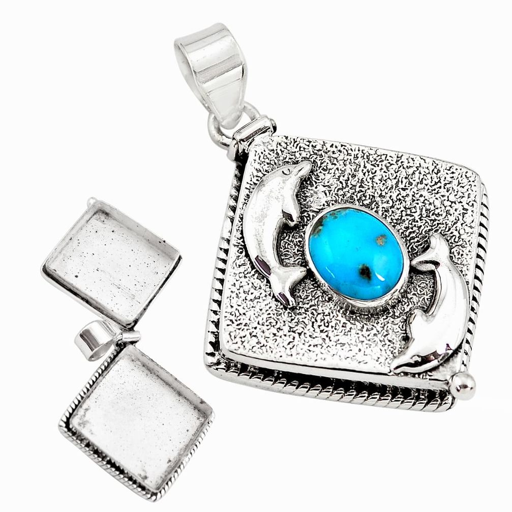 Blue sleeping beauty turquoise 925 silver poison box dolphin pendant p79944