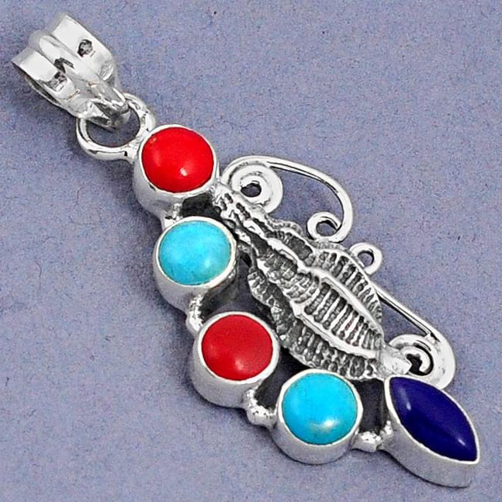 BLUE SLEEPING BEAUTY TURQUOISE LAPIS CORAL 925 SILVER SNAIL PENDANT G94702