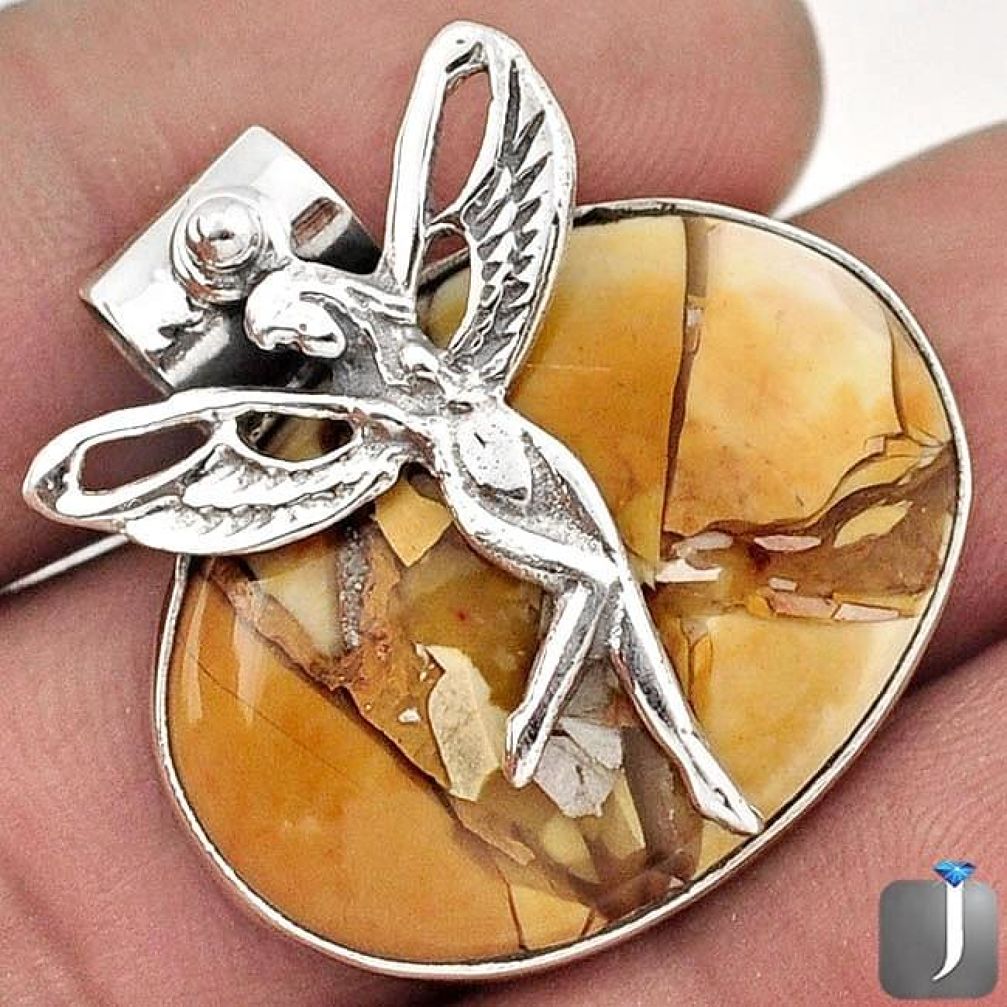 18.05cts BROWN MATRIX OPAL 925 STERLING SILVER ANGEL WINGS FAIRY PENDANT F50186