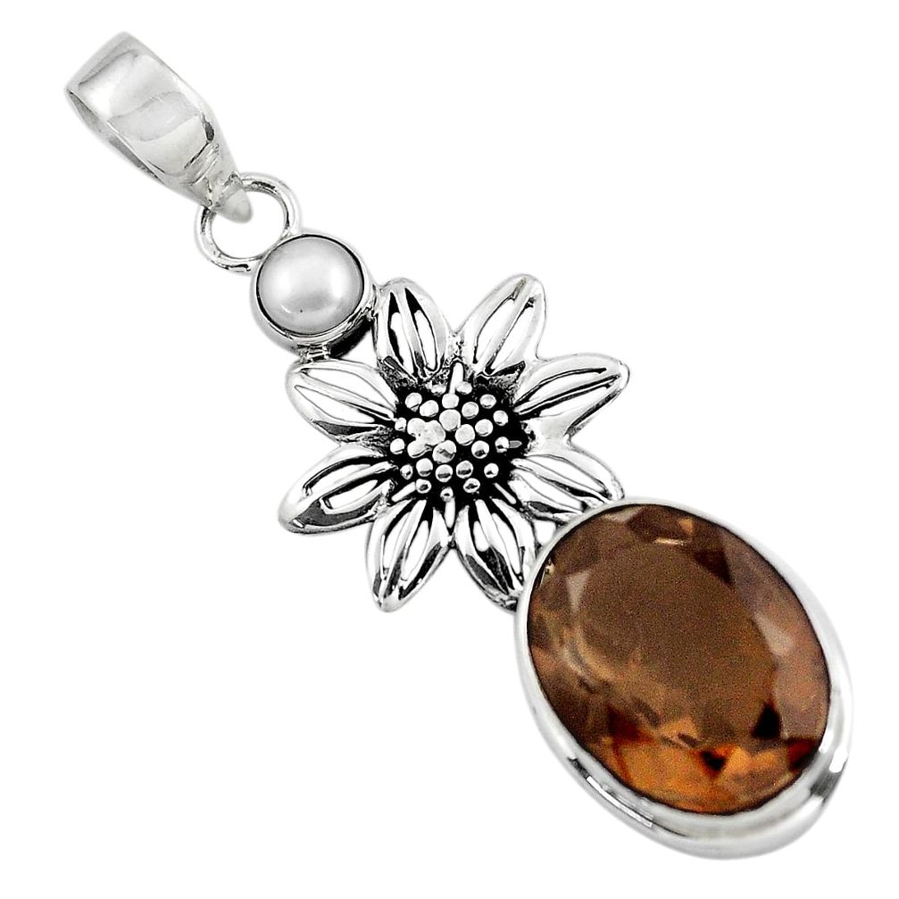 12.39cts brown smoky topaz pearl 925 sterling silver flower pendant p47229