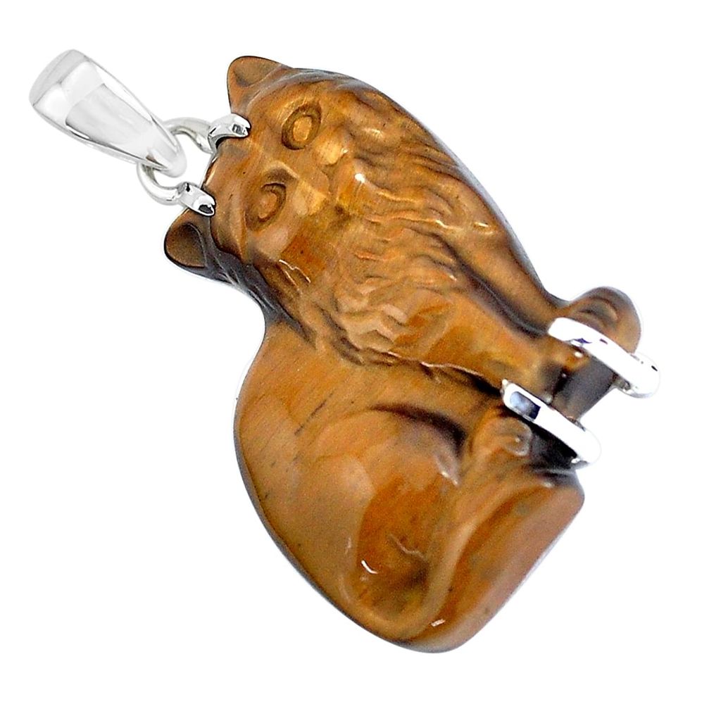 Carving natural brown tiger's eye 925 sterling silver cat pendant p47088