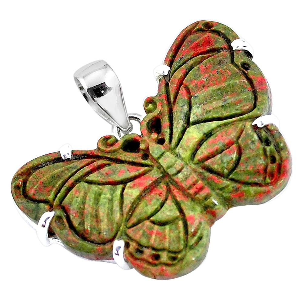 Carving natural green unakite 925 sterling silver butterfly pendant p47094