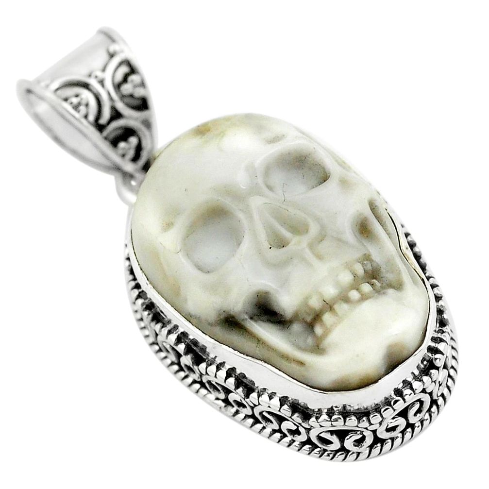 17.05cts carving white howlite 925 sterling silver skull pendant jewelry p77321
