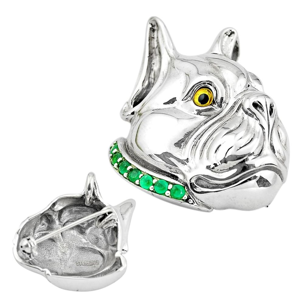 0.97cts dog charm green emerald (lab) 925 silver 14k gold brooch pendant c3202