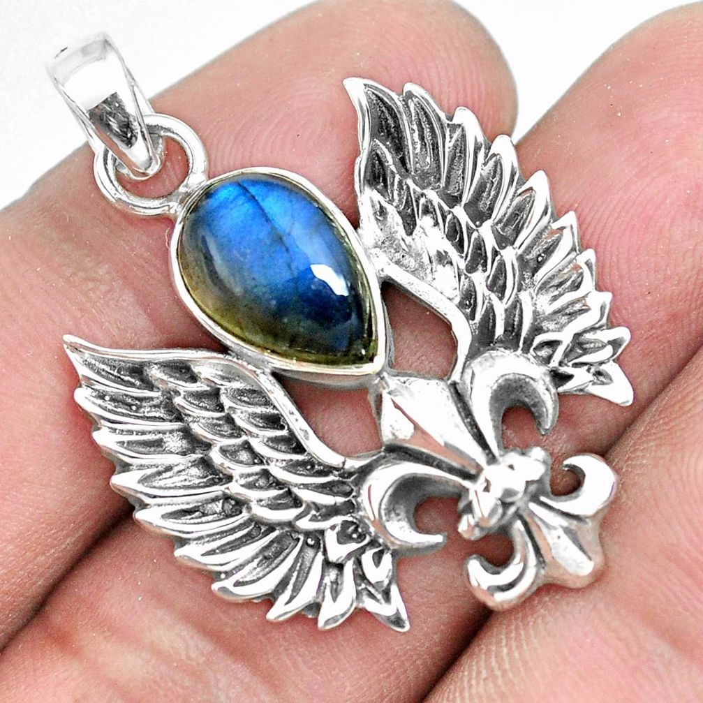 4.73cts eagle feather natural blue labradorite pear 925 silver pendant p44541