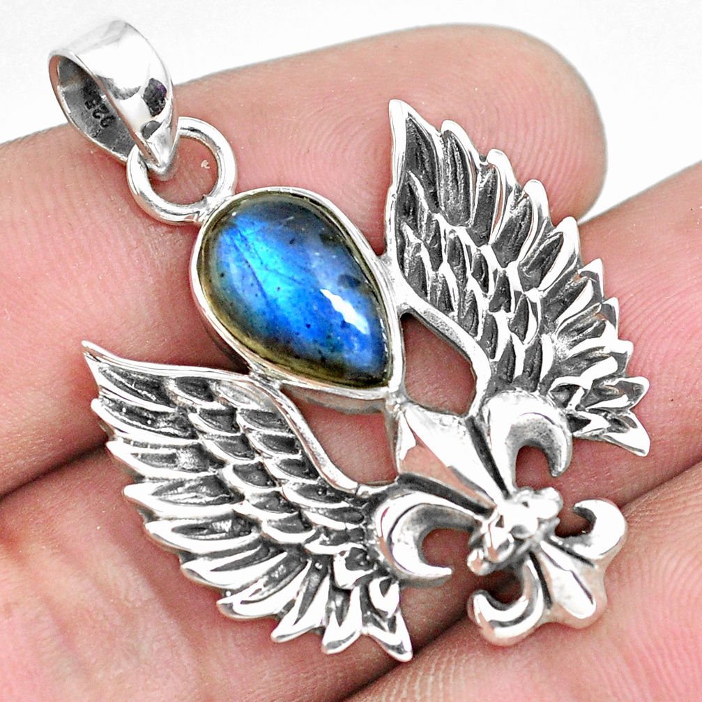 4.72cts eagle feather natural blue labradorite pear 925 silver pendant p44543