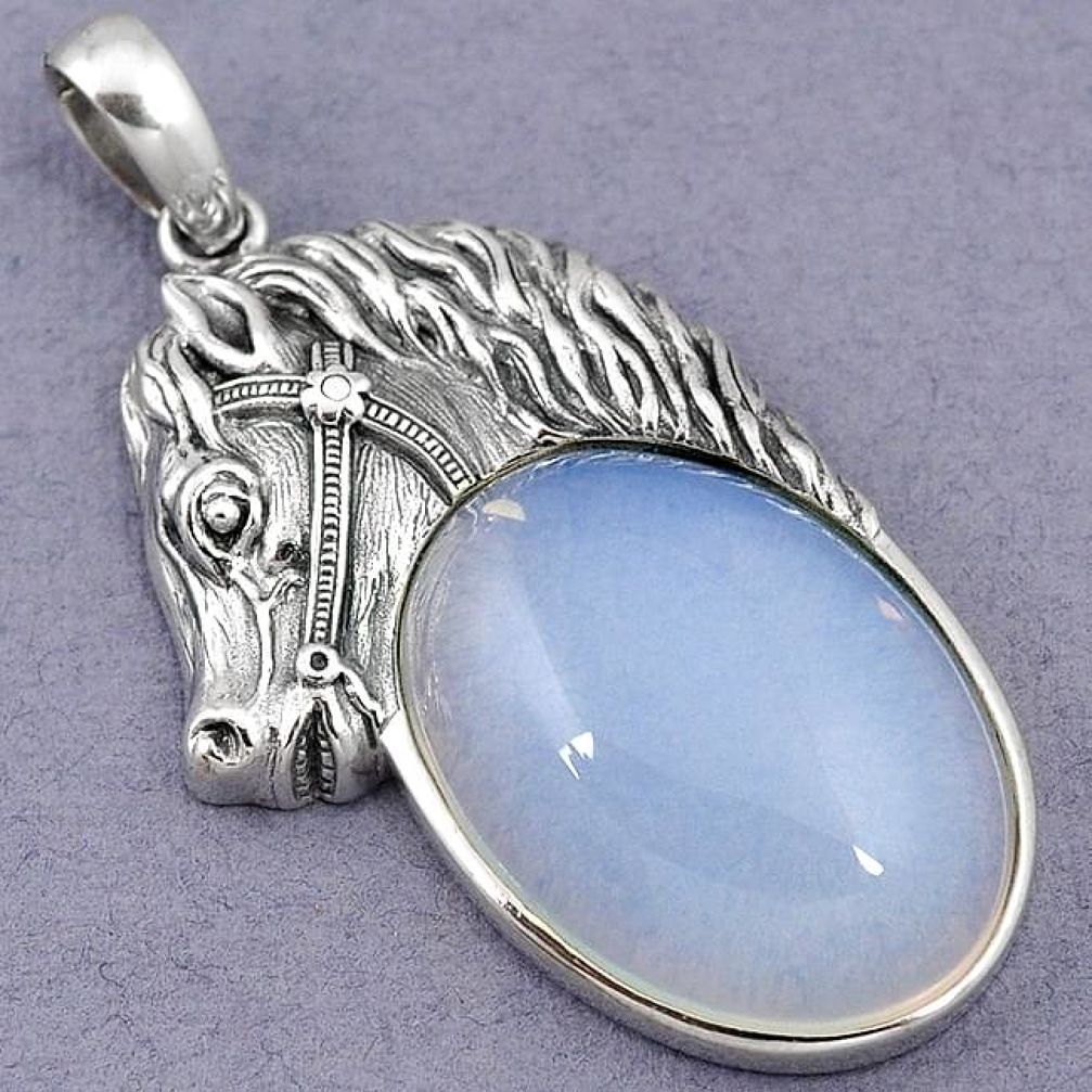 ELEGANT NATURAL WHITE OPALITE 925 STERLING SILVER HORSE PENDANT JEWELRY H39935