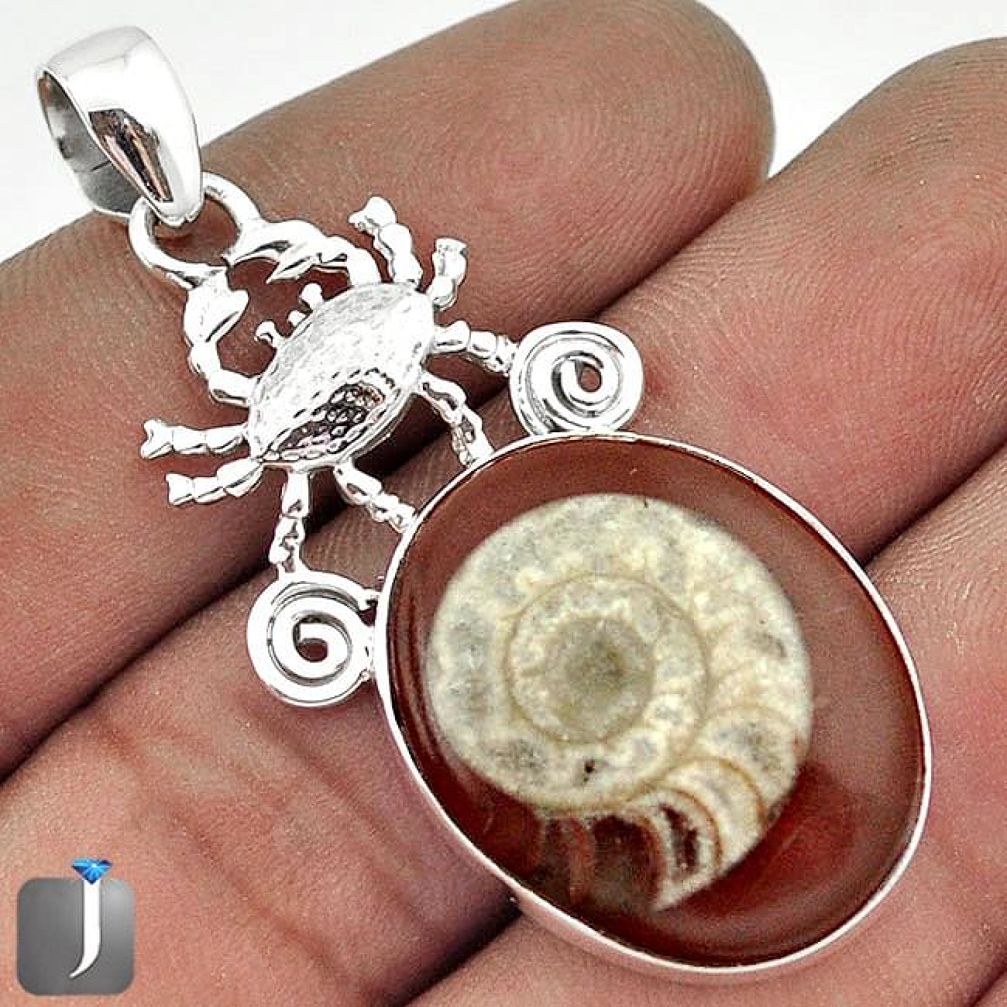 ELITE NATURAL BROWN AMMONITE CRYSTALLIZED 925 SILVER CRAB PENDANT JEWELRY G27836