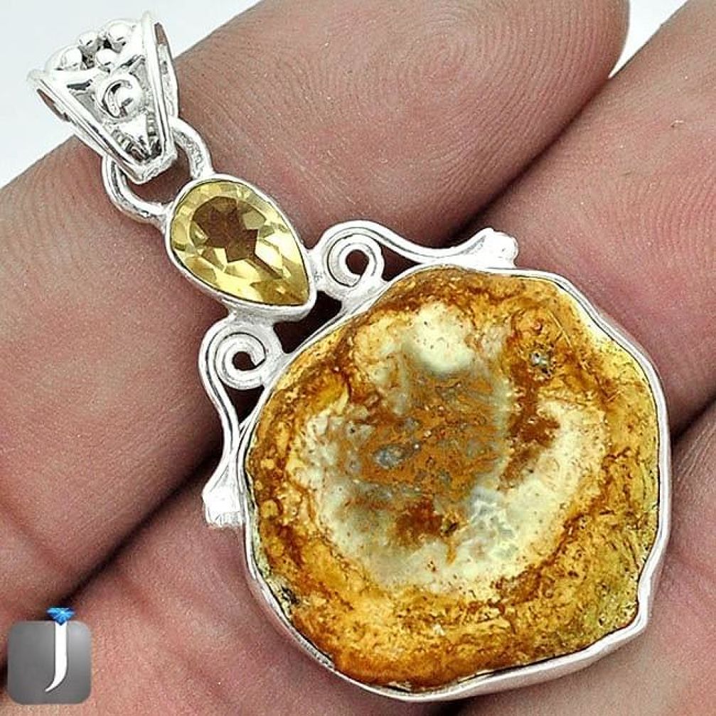 EXCELLENT NATURAL BROWN PETRIFIED WOOD FOSSIL CITRINE 925 SILVER PENDANT G14628