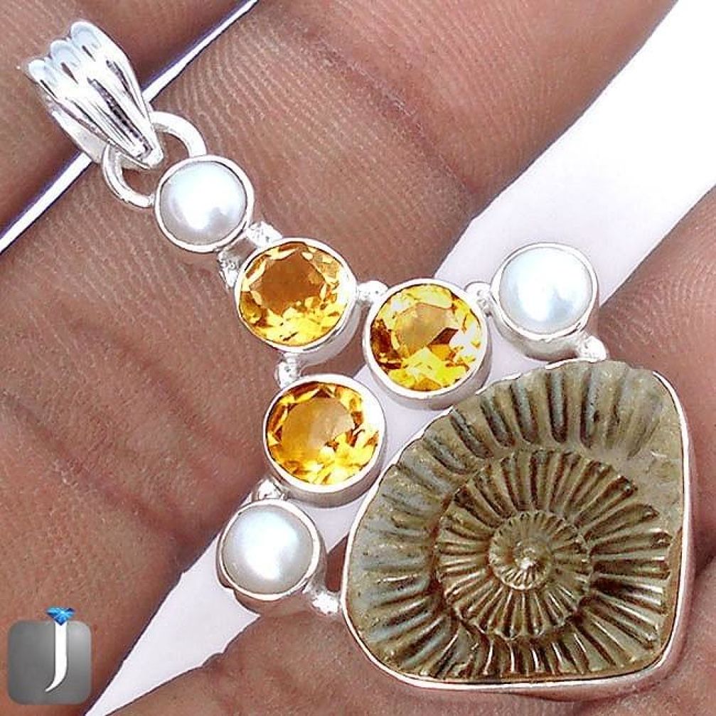 EXOTIC NATURAL BROWN PYRITE AMMONITE CITRINE 925 SILVER PENDANT JEWELRY G14877