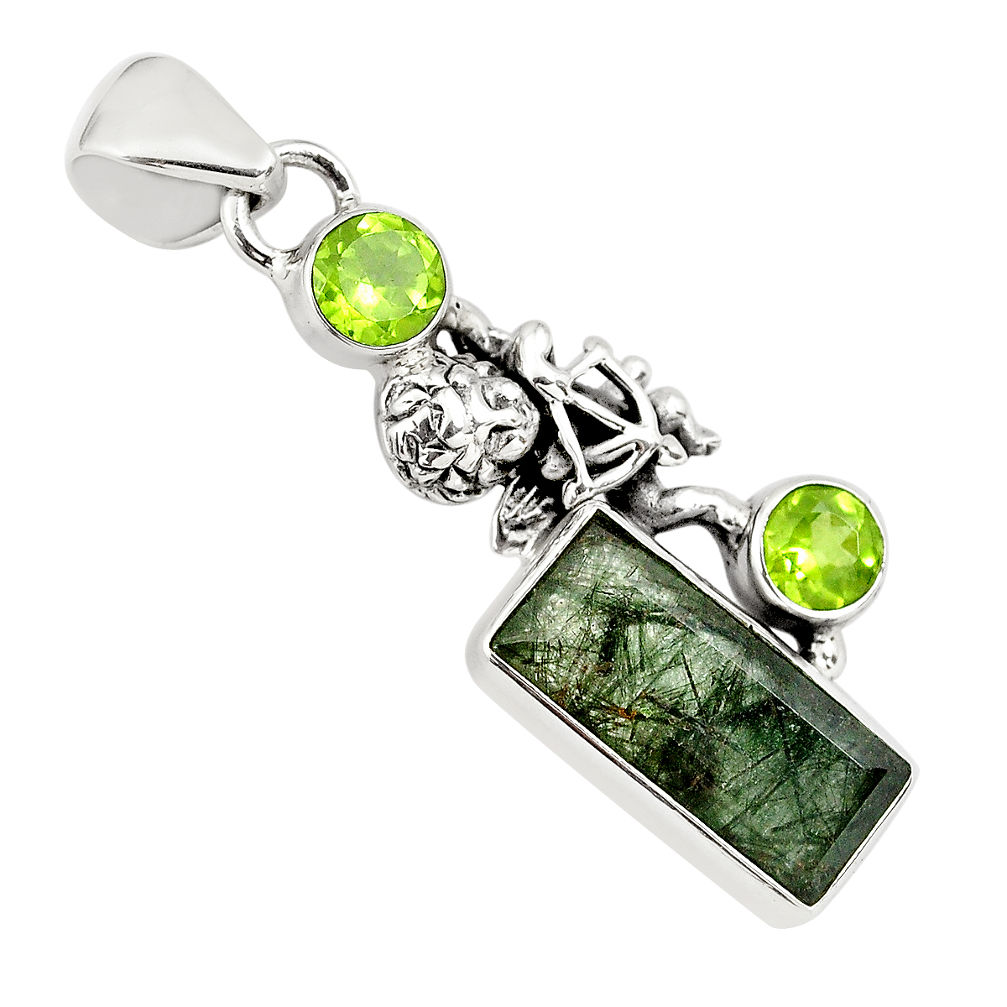 7.12cts faceted green rutile peridot 925 silver cupid angel wings pendant p79541