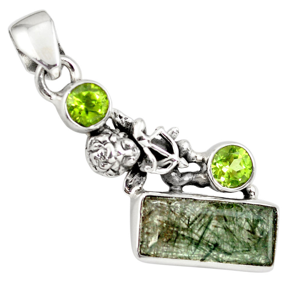 7.40cts faceted green rutile peridot 925 silver cupid angel wings pendant p79555