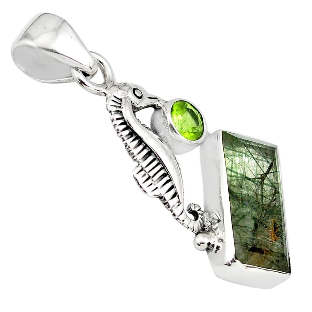 7.12cts faceted green rutile peridot 925 sterling silver seahorse pendant p79558