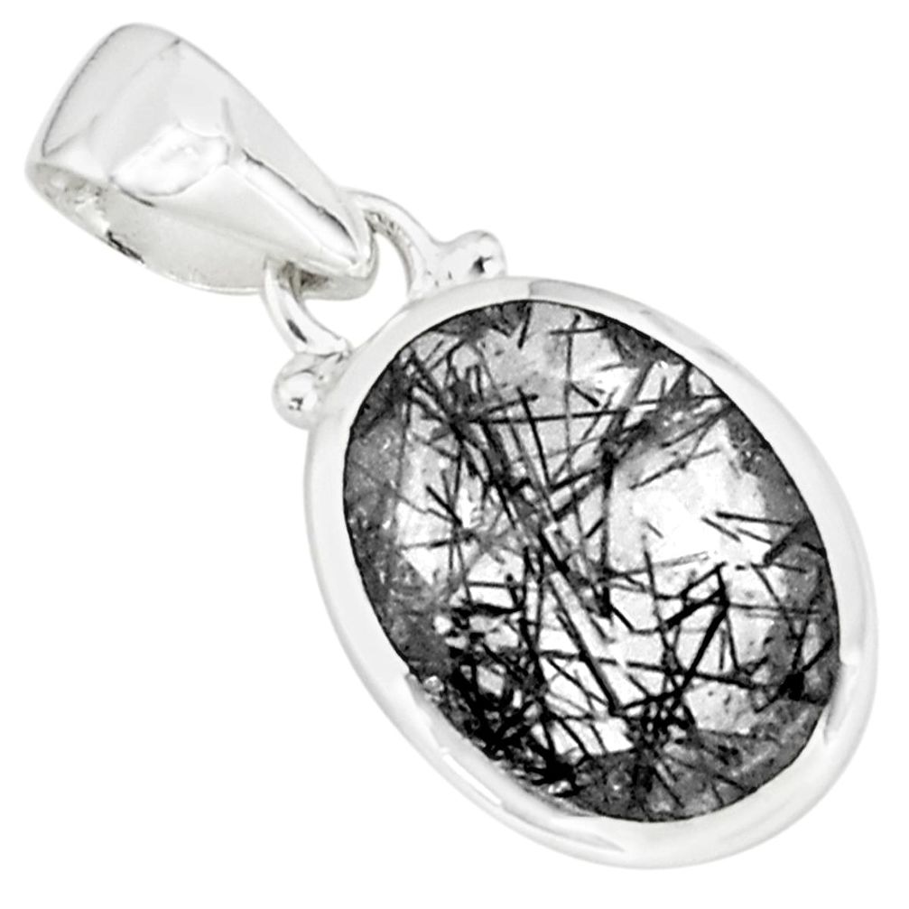 Faceted natural black tourmaline rutile 925 sterling silver pendant p76455