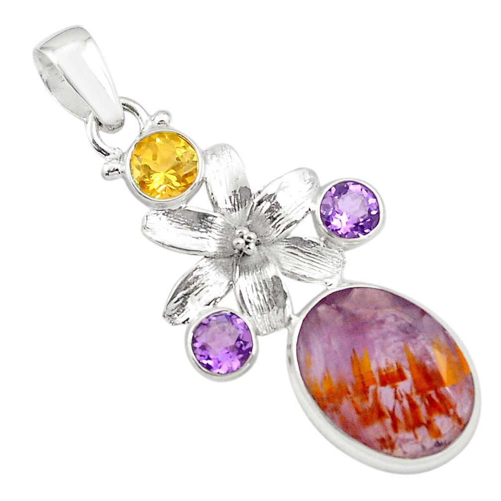 13.69cts faceted purple cacoxenite super seven 925 silver flower pendant p77904