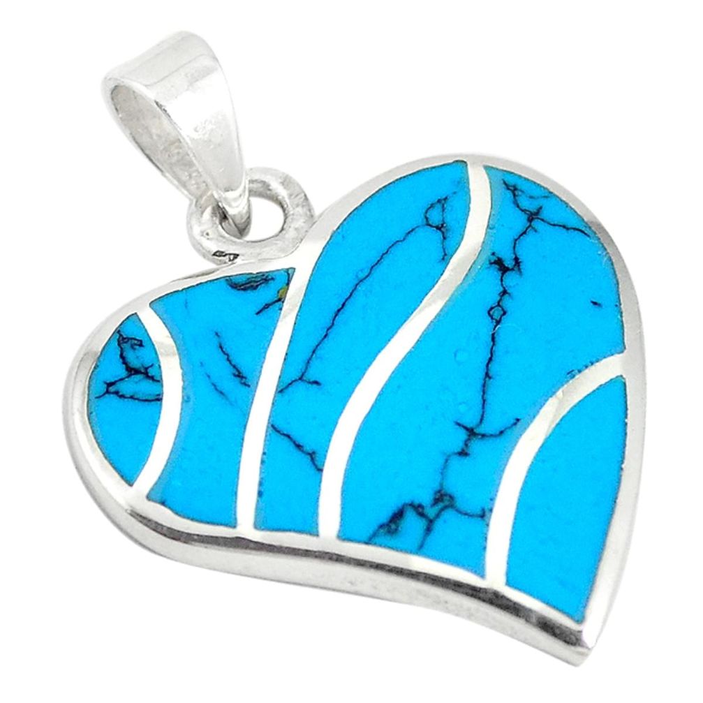 Fine blue turquoise enamel 925 sterling silver heart pendant jewelry a72725