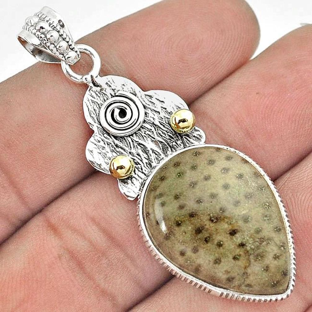 GALLANT VICTORIAN PLUM WOOD JASPER 925 SILVER 14K GOLD PENDANT JEWELRY G92404