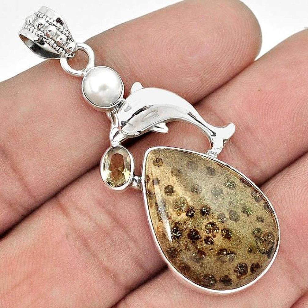 GLOWING NATURAL BROWN PLUM WOOD JASPER PEARL 925 SILVER DOLPHIN PENDANT G92408