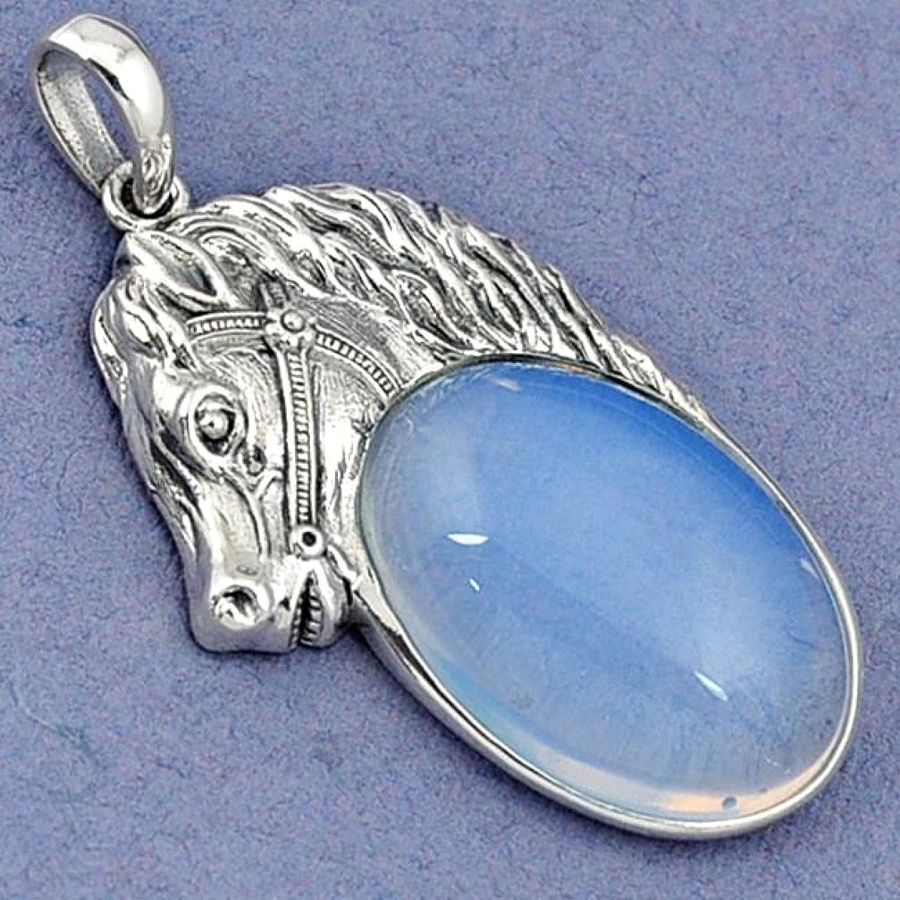 GLOWING WHITE OPALITE OVAL 925 STERLING SILVER HORSE PENDANT JEWELRY H40966