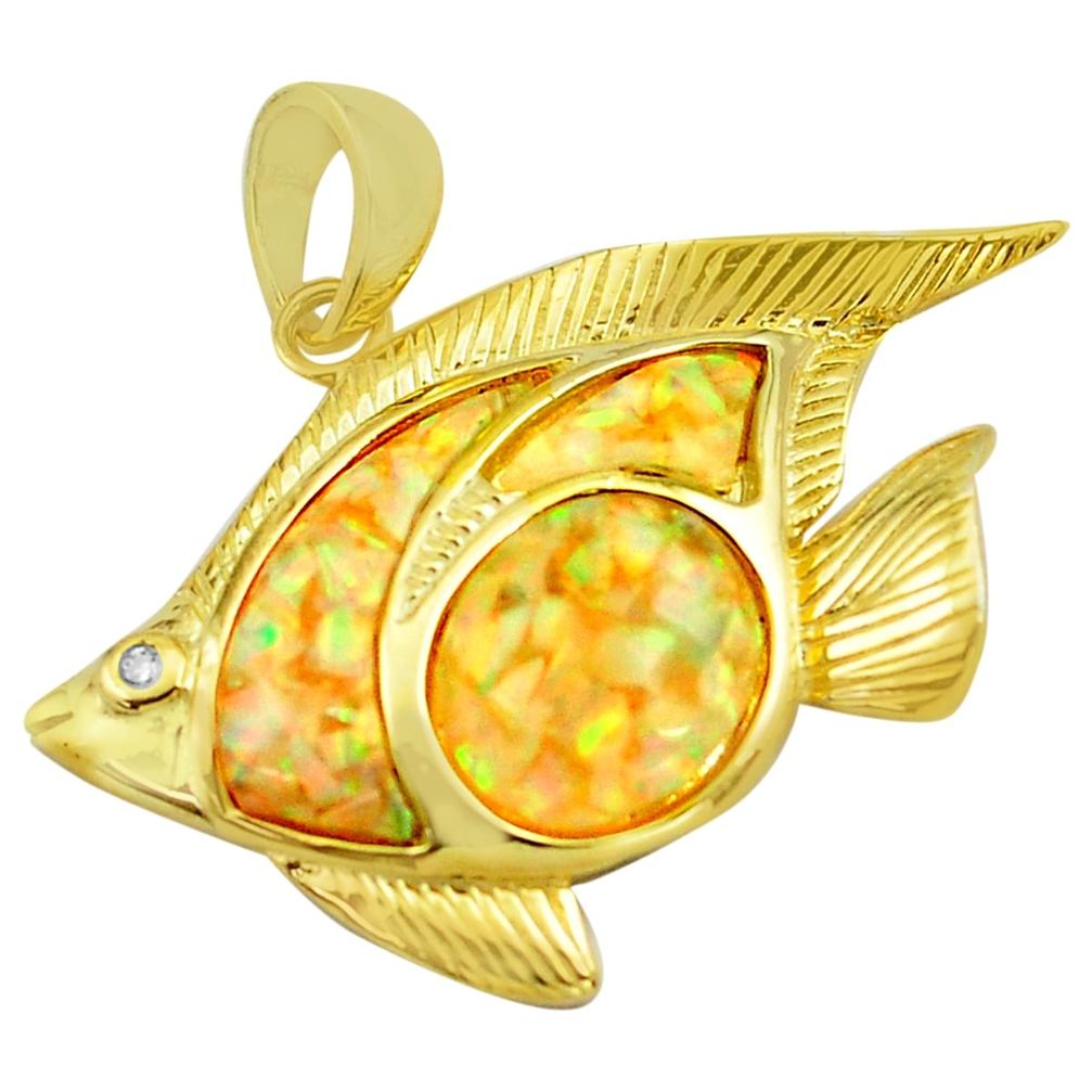 4.22cts green australian fire opal topaz 925 silver 14k gold fish pendant c4380