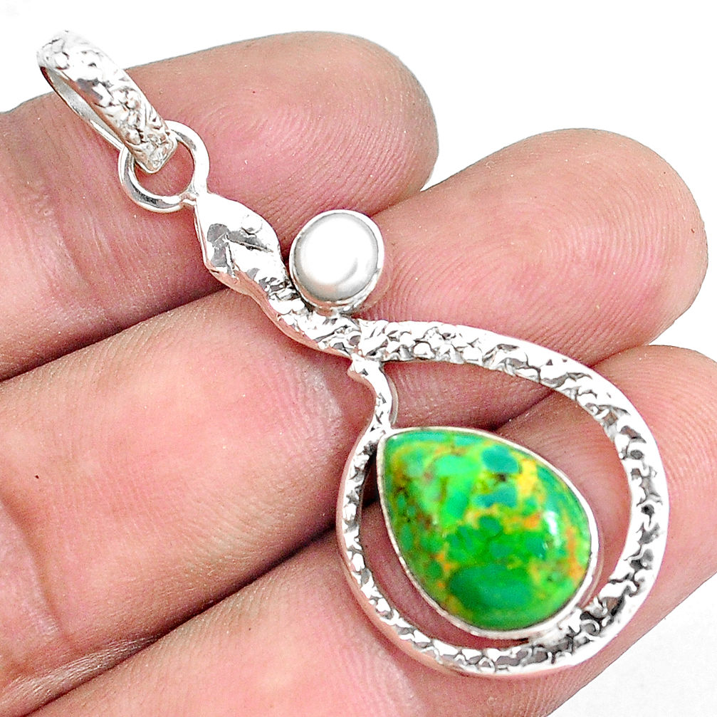 6.86cts green copper turquoise pearl 925 sterling silver snake pendant p49286