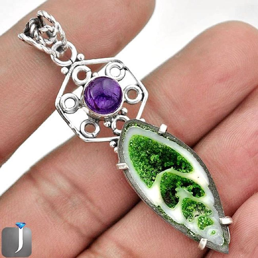 12.39cts GREEN FLORIDA AUGER SHELL AMETHYST 925 STERLING SILVER PENDANT F23953