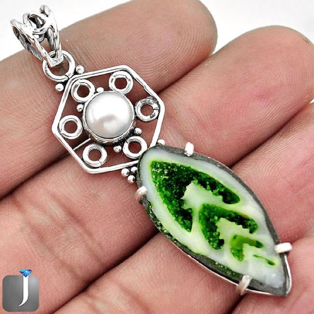 12.91cts GREEN FLORIDA AUGER SHELL PEARL 925 STERLING SILVER PENDANT F31949